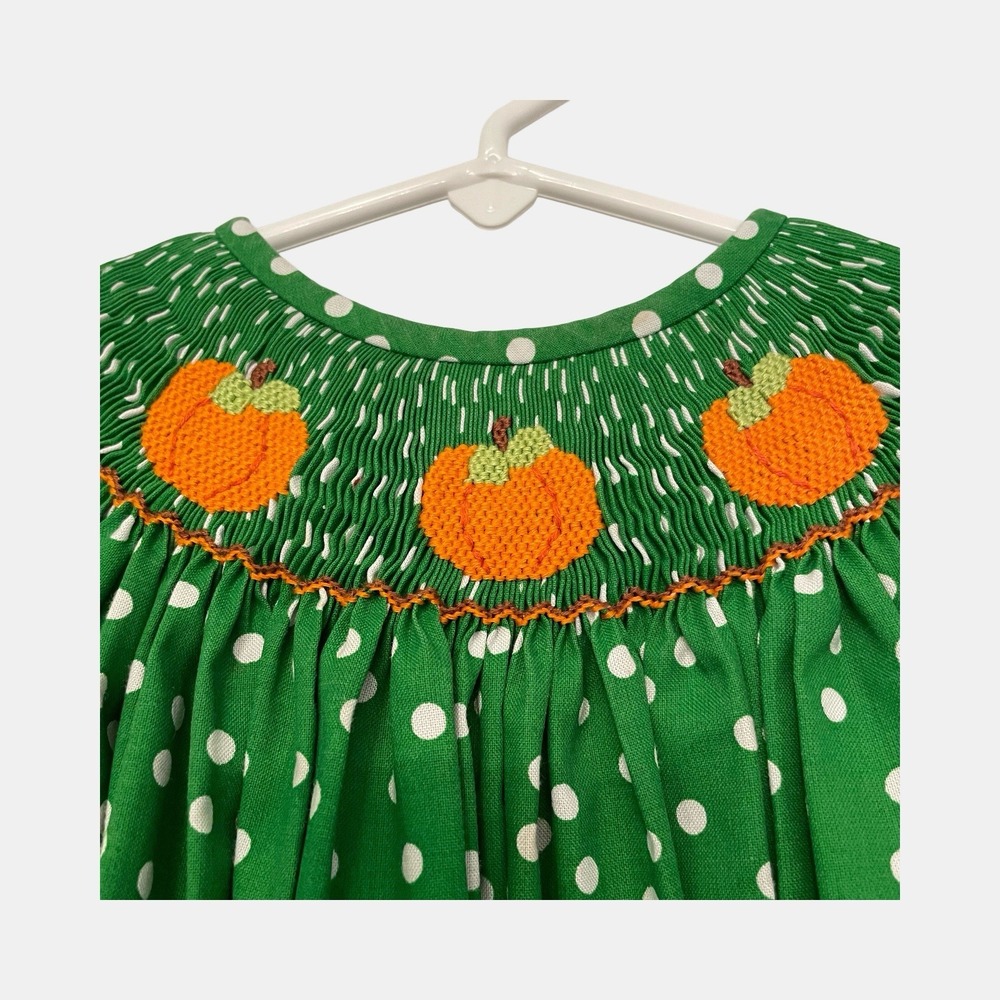 Southern Sunshine Girls Fall Green Polka Dot Pumpkin Smocked Dress Size 5